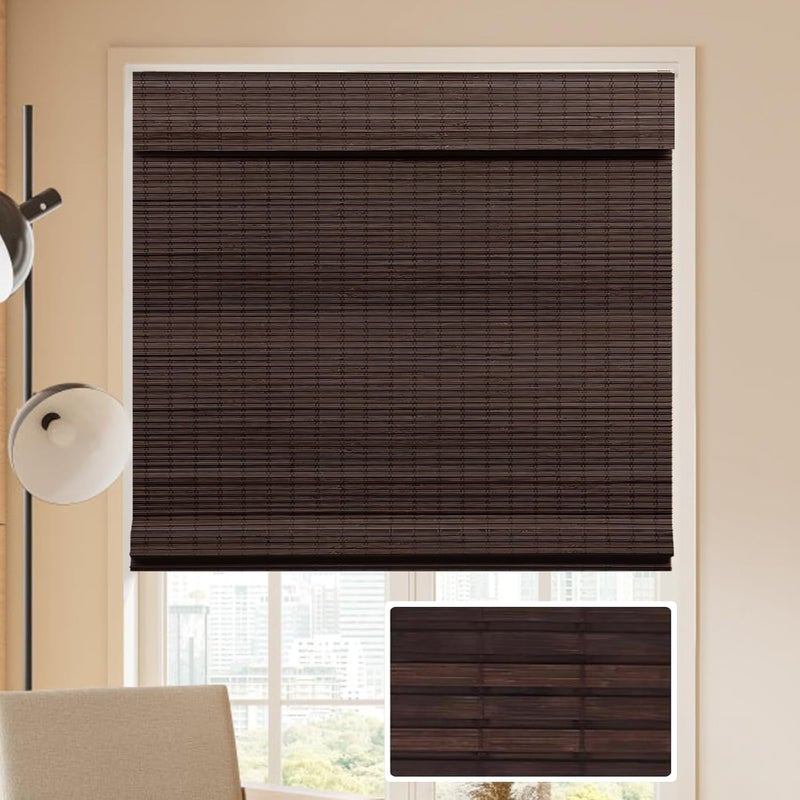 LUCKUP Cordless Bamboo Roman Blinds Shades for Indoor Windows-Blackout Room Darkening Roman Blinds with 6" Valance Cover Enhanced Privacy, 30" W x 64" H - Image 1
